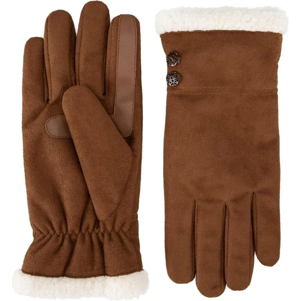 Women's Cogance Water Repellent Microsuede Gloves Sherpa Lined Button Detail